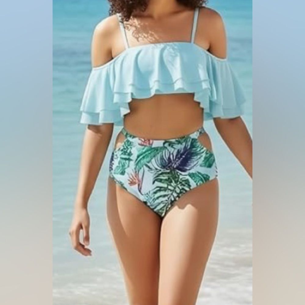 Ruffle Off Shoulder Bikini Set Tropical High Waist Size S NWT